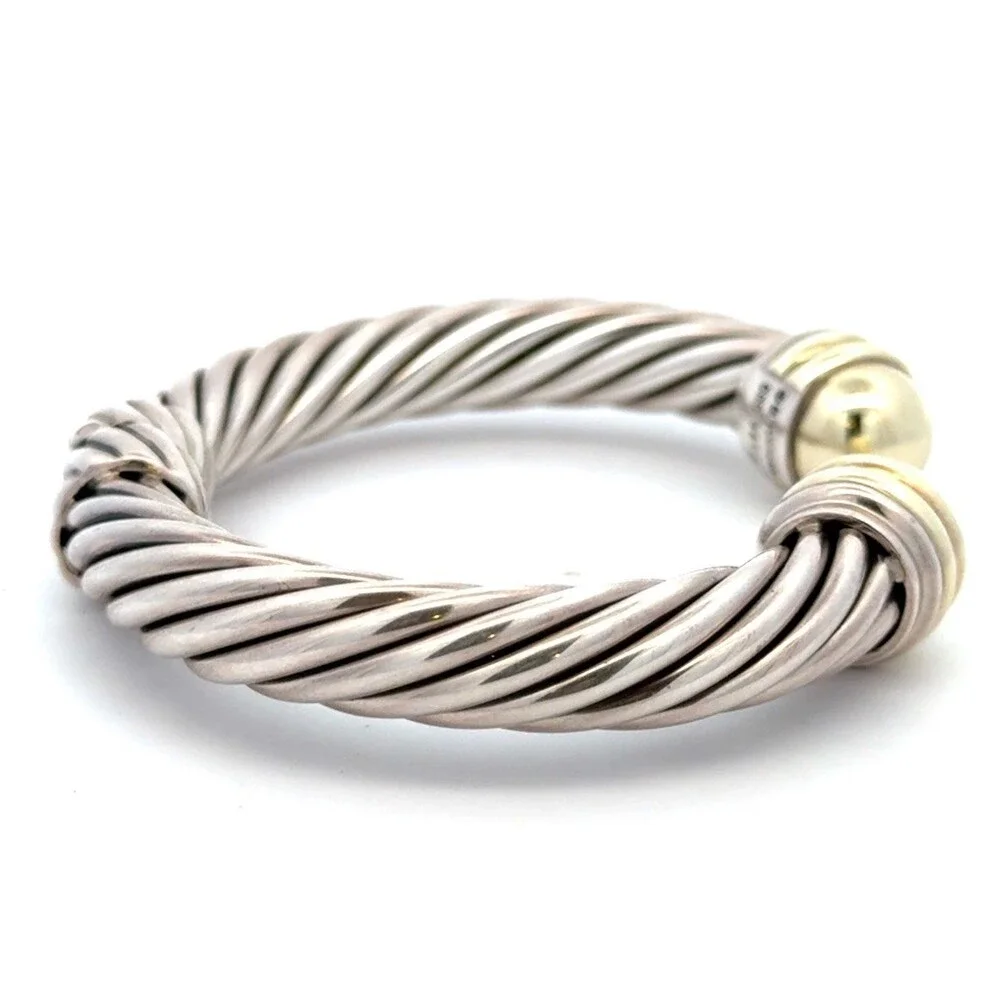 David Yurman 9mm Sterling Silver Yellow Gold 9mm Cable Hinged Cuff Bracelet - Picture 2 of 8